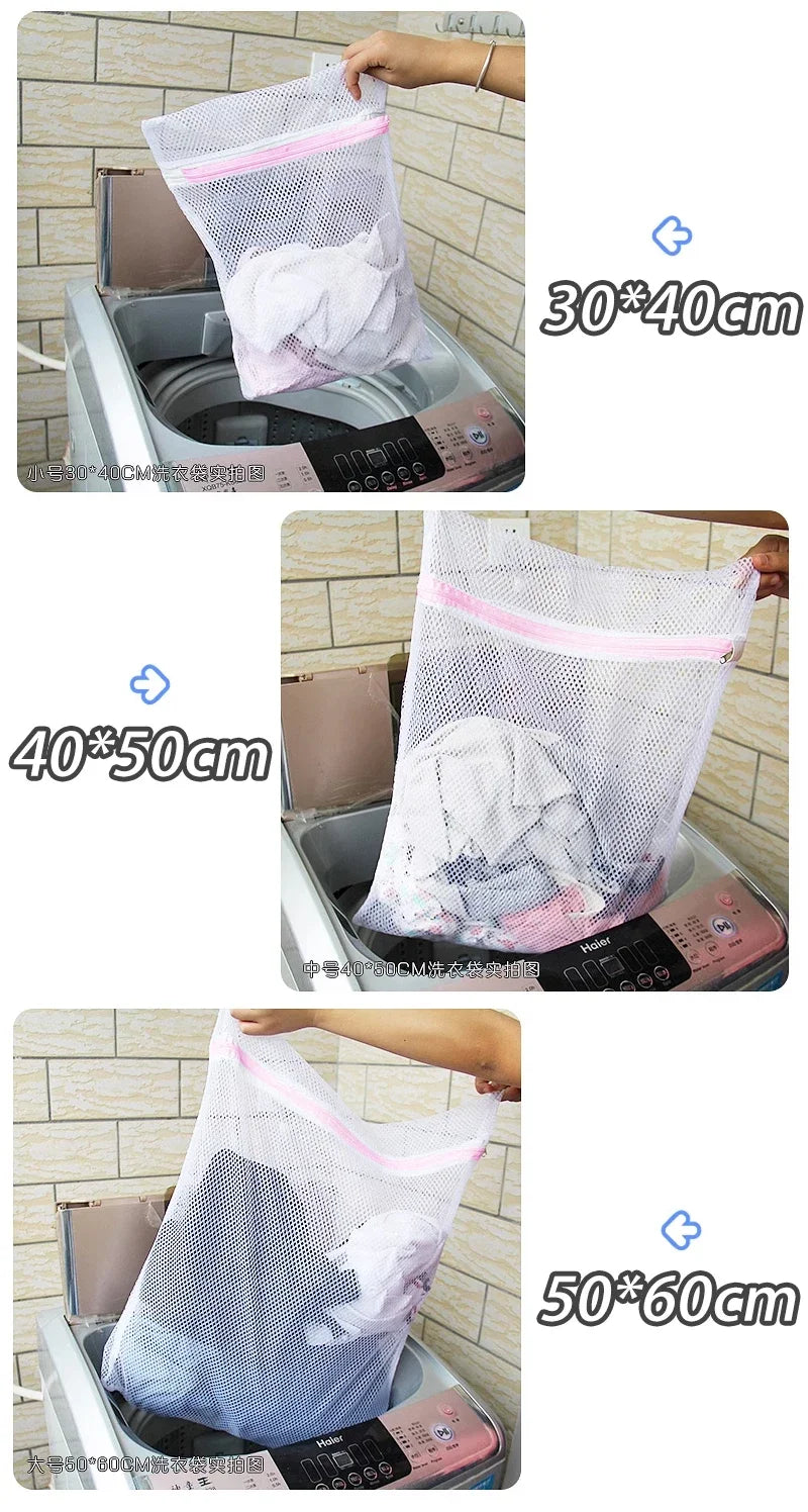 Three mesh laundry bags of different sizes 30x40cm, 40x50cm, and 50x60cm shown in a washing machine context.