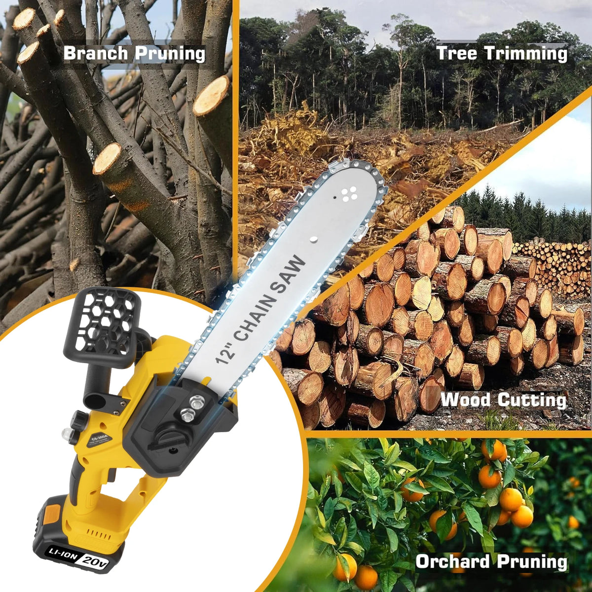 Yellow cordless electric chainsaw for branch pruning, tree trimming, wood cutting, and orchard pruning.
