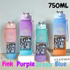 A set of three 750ml portable sports water bottles in pink, purple, and blue colors displayed on a white surface.
