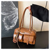 Women's Retro PU Leather Shoulder Bag with Multiple Pockets & Detachable Charm