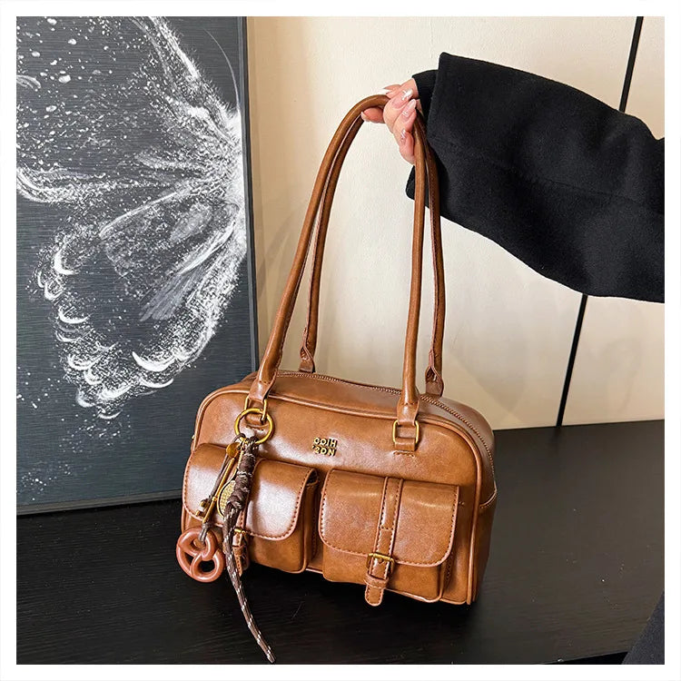 Women's Retro PU Leather Shoulder Bag with Multiple Pockets & Detachable Charm