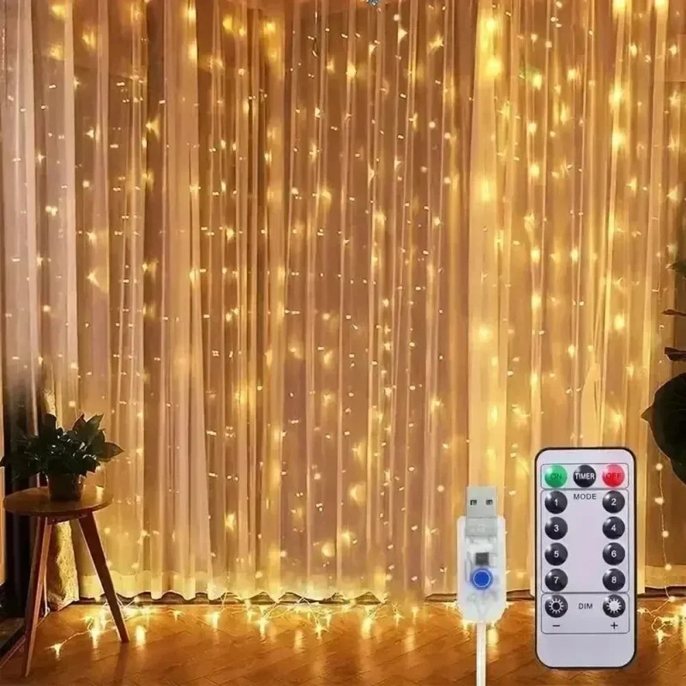 A vertical display of warm golden LED curtain string lights illuminating a room, with a remote control and power cord visible
