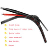 A black and red frameless windshield wiper blade with three layers of rubber strips shown in an arc.