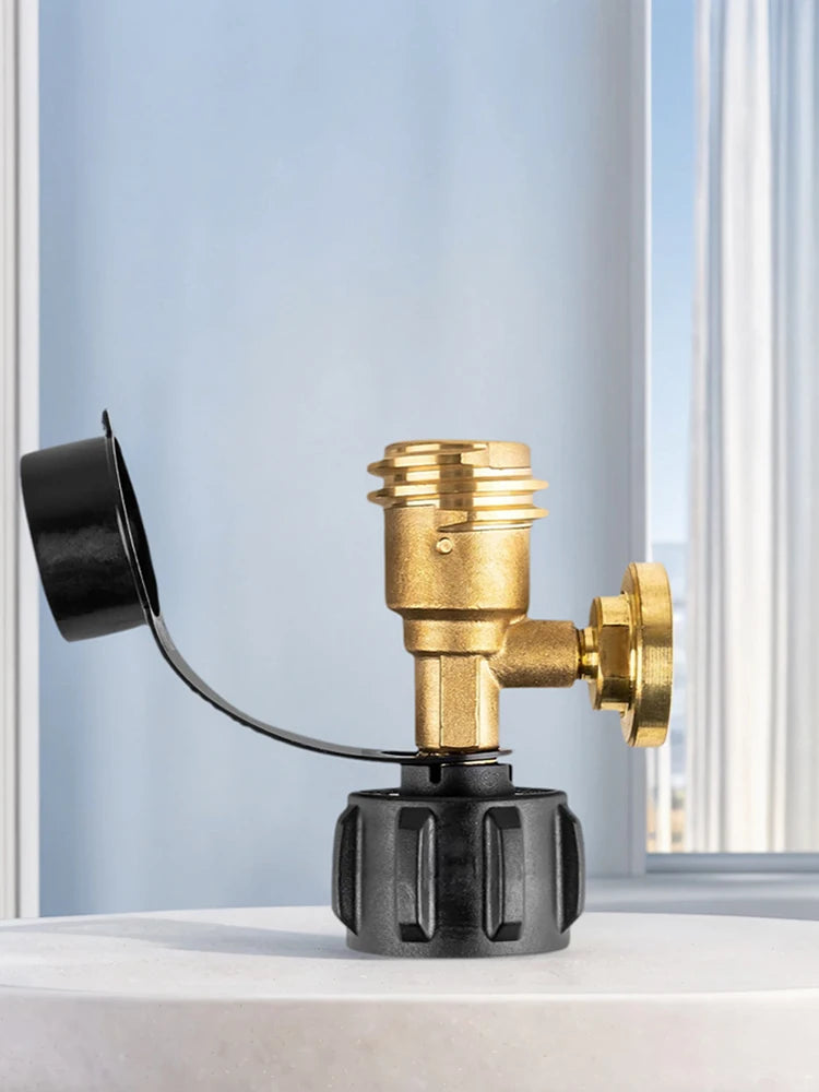 A brass digital propane tank gauge with a leak detector mounted on a black base, shown next to a window.