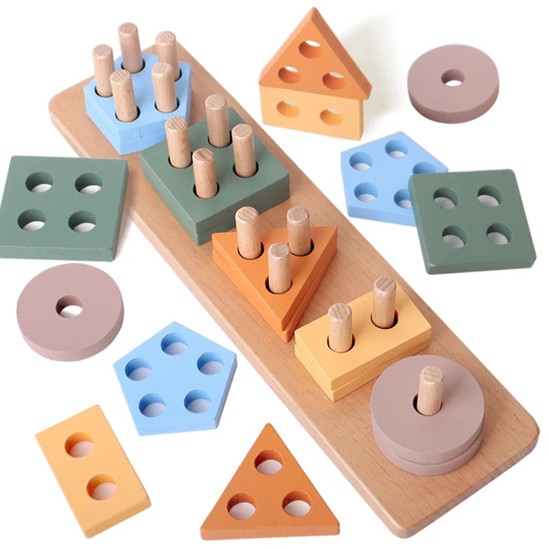 A collection of wooden sorting and stacking toys in various colors and shapes for toddlers.