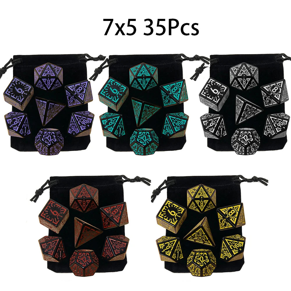 A set of 35 multi-sided polyhedral dice in various colors and shapes packaged in black pouches.