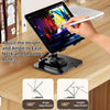 A hand adjusts the height and angle of a 360° rotating carbon steel tablet stand for ease of neck and shoulder relief.