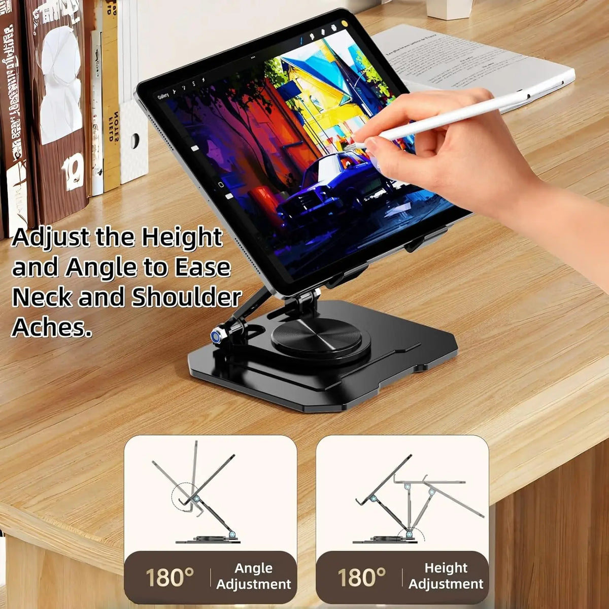 A hand adjusts the height and angle of a 360° rotating carbon steel tablet stand for ease of neck and shoulder relief.