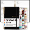 A black password book with a leather cover and gold-colored spiral binding, featuring various budget tracking pages.
