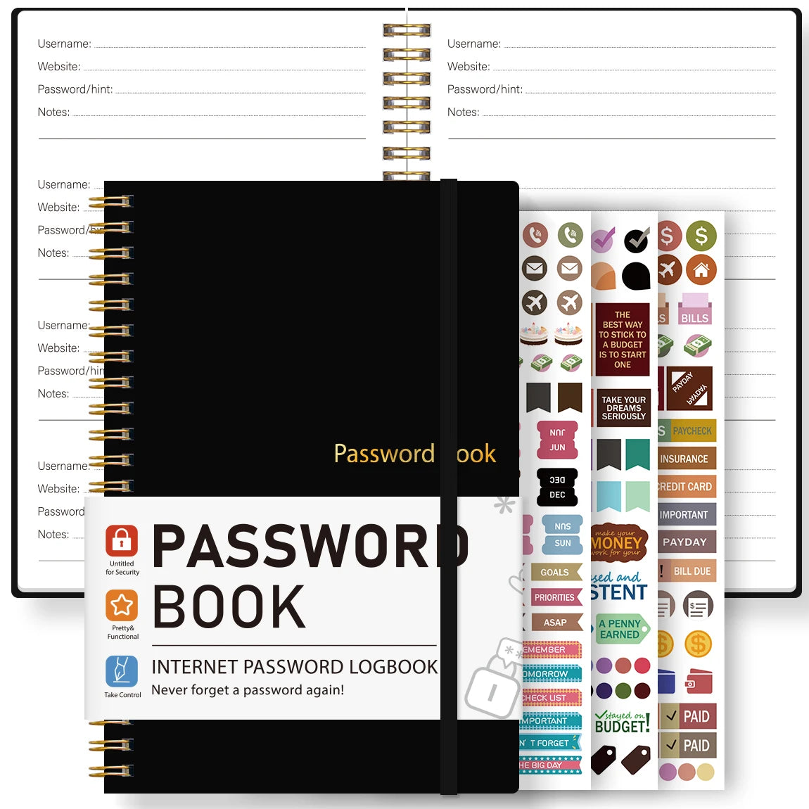 A black password book with a leather cover and gold-colored spiral binding, featuring various budget tracking pages.
