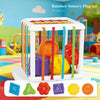 A white sensory plug-in toy featuring six pieces of rainbow colored plastic shapes and balls for toddlers.