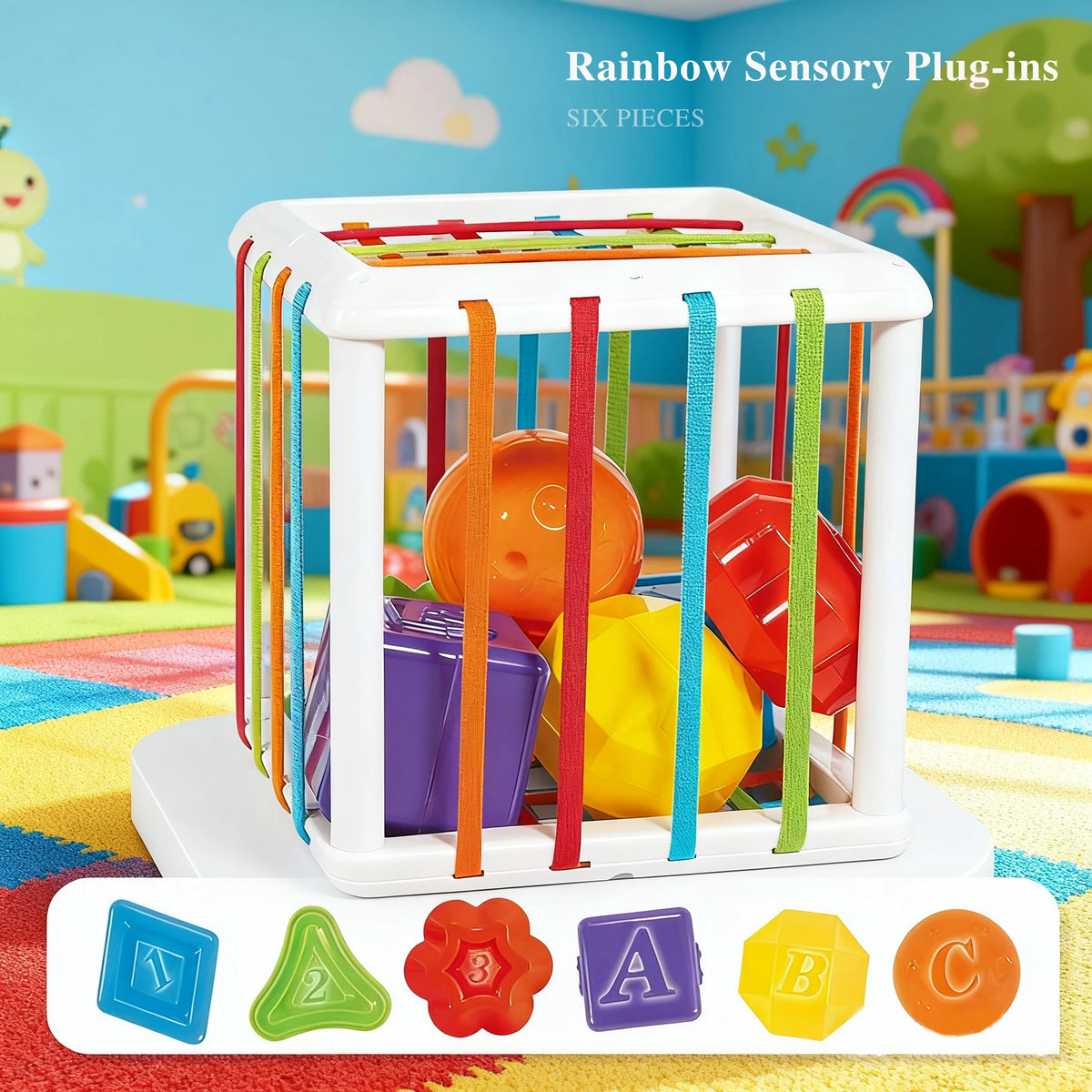 A white sensory plug-in toy featuring six pieces of rainbow colored plastic shapes and balls for toddlers.