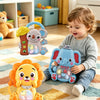 A child plays with colorful musical animal piano toys, including a monkey and an elephant.