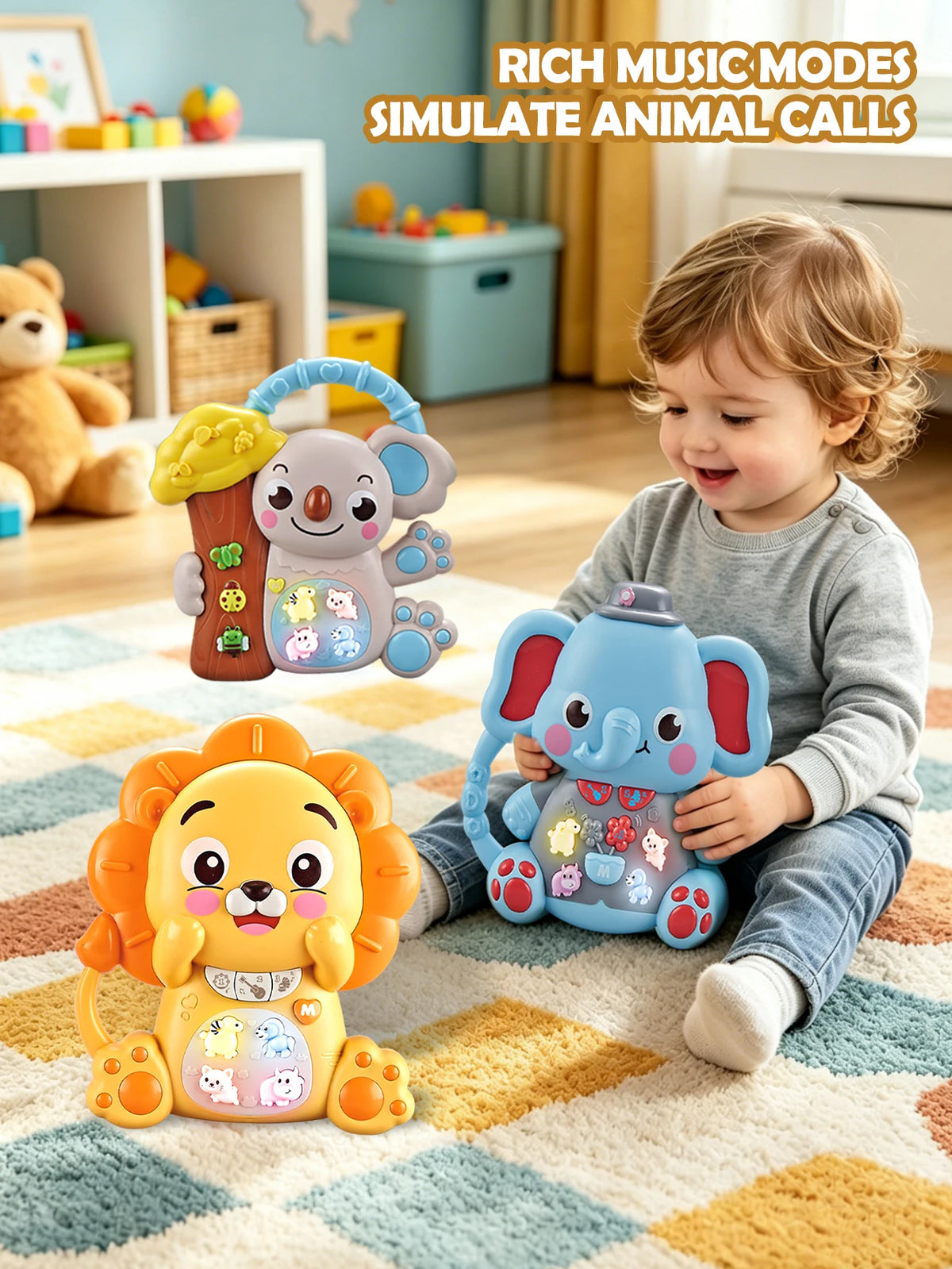 A child plays with colorful musical animal piano toys, including a monkey and an elephant.
