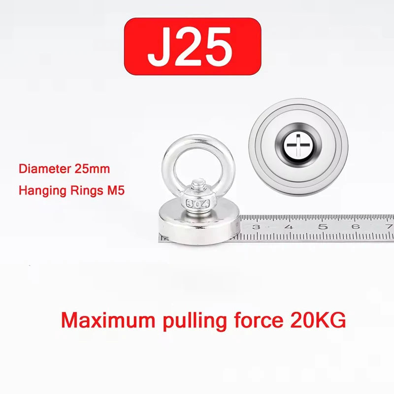 Silberner magnetischer Haken mit 25mm Durchmesser und M5-Aufhängungsringen, für eine Zugkraft von maximal 20KG ausgelegt.