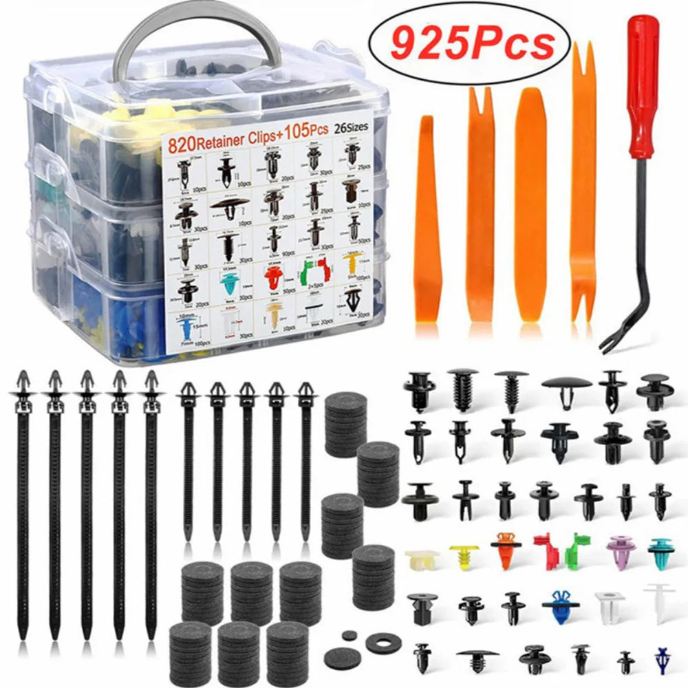 A clear plastic container holds a variety of 820 Retainer Clips and 105 Pieces of push retainers for automotive trim.