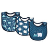 A set of three dark blue baby bibs featuring white cartoon prints of bears and snowflakes.