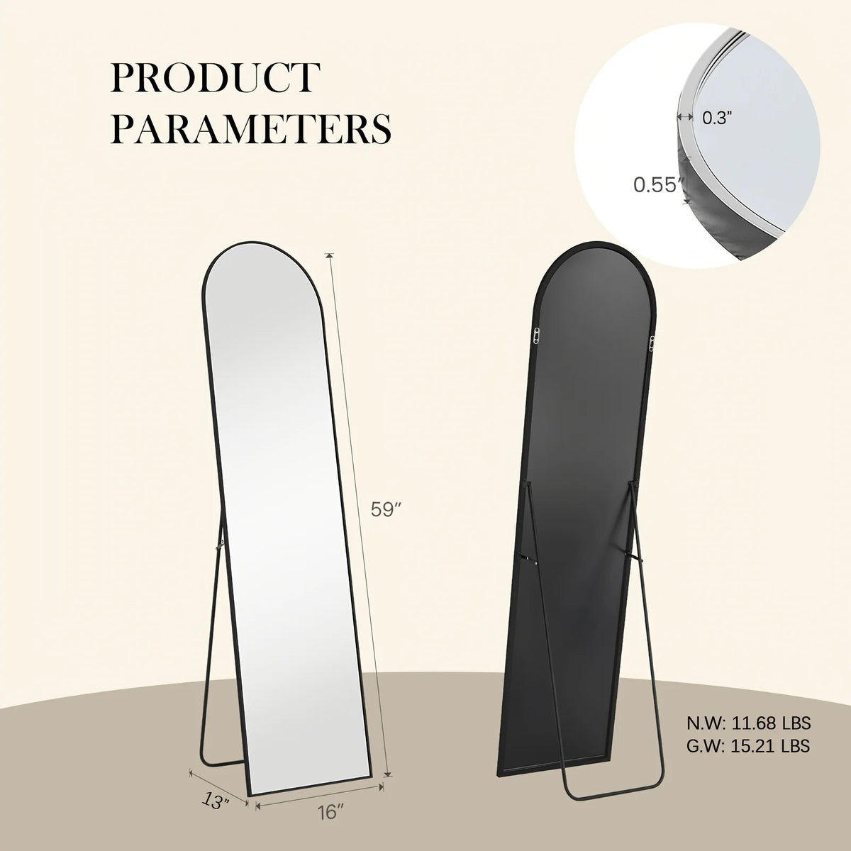 A full-length arched floor mirror with a black frame and aluminum support, shown in a vertical view.