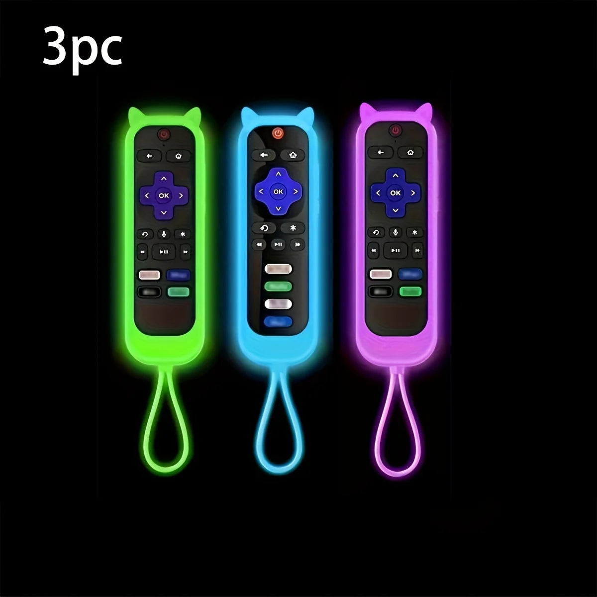 Three glow-in-the-dark silicone cat ear remote control covers in green, blue, and purple.