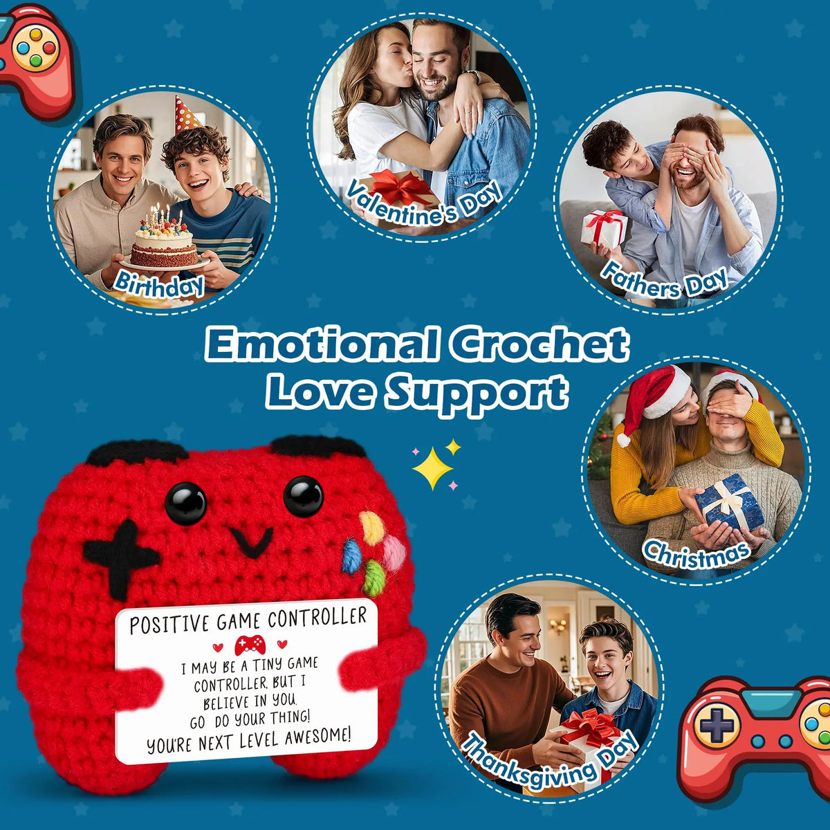 Red crochet game controller decoration surrounded by images of holidays and relationships