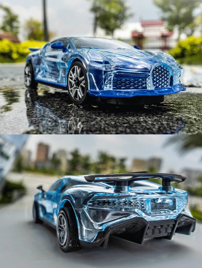 A blue police car toy with lights and sounds is shown in a reflection on wet pavement.