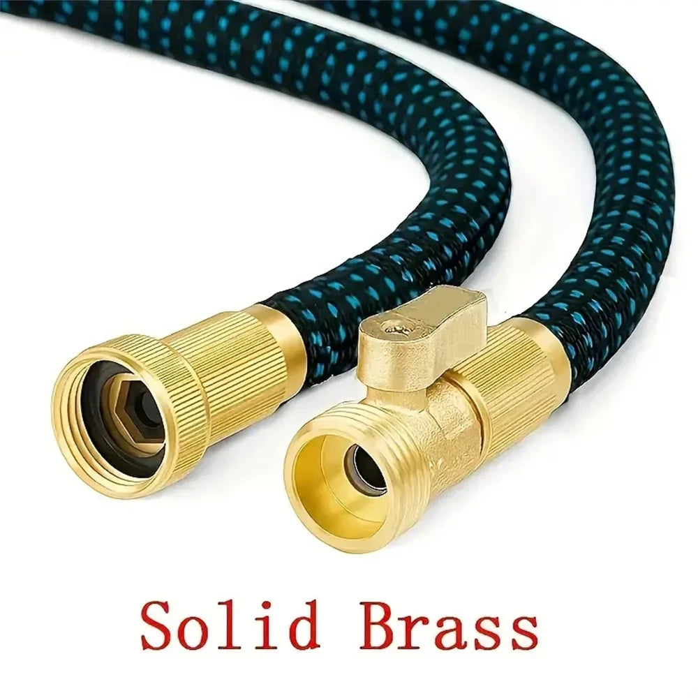A flexible, black, expandable telescopic garden hose with brass fittings.