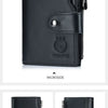 Black men's genuine leather RFID blocking wallet shown from the front and back views.