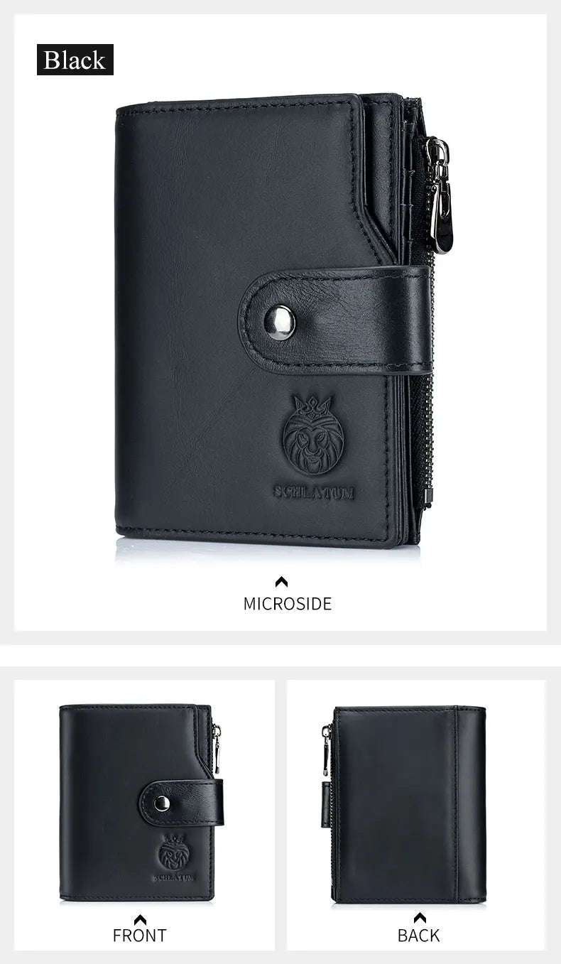 Black men's genuine leather RFID blocking wallet shown from the front and back views.