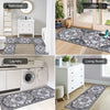 A collection of bohemian non-slip kitchen rugs in various patterns displayed in a bathroom, laundry room, and living room.