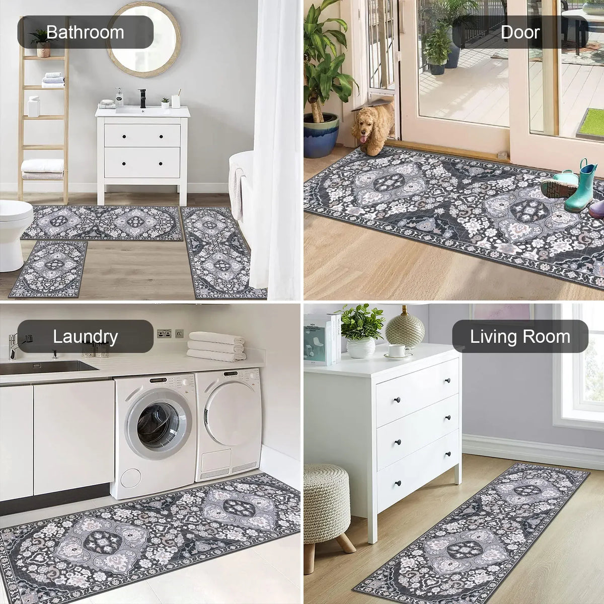 A collection of bohemian non-slip kitchen rugs in various patterns displayed in a bathroom, laundry room, and living room.