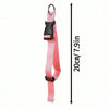 A pink durable polyester luggage strap with a black buckle and ID tag, shown vertically.