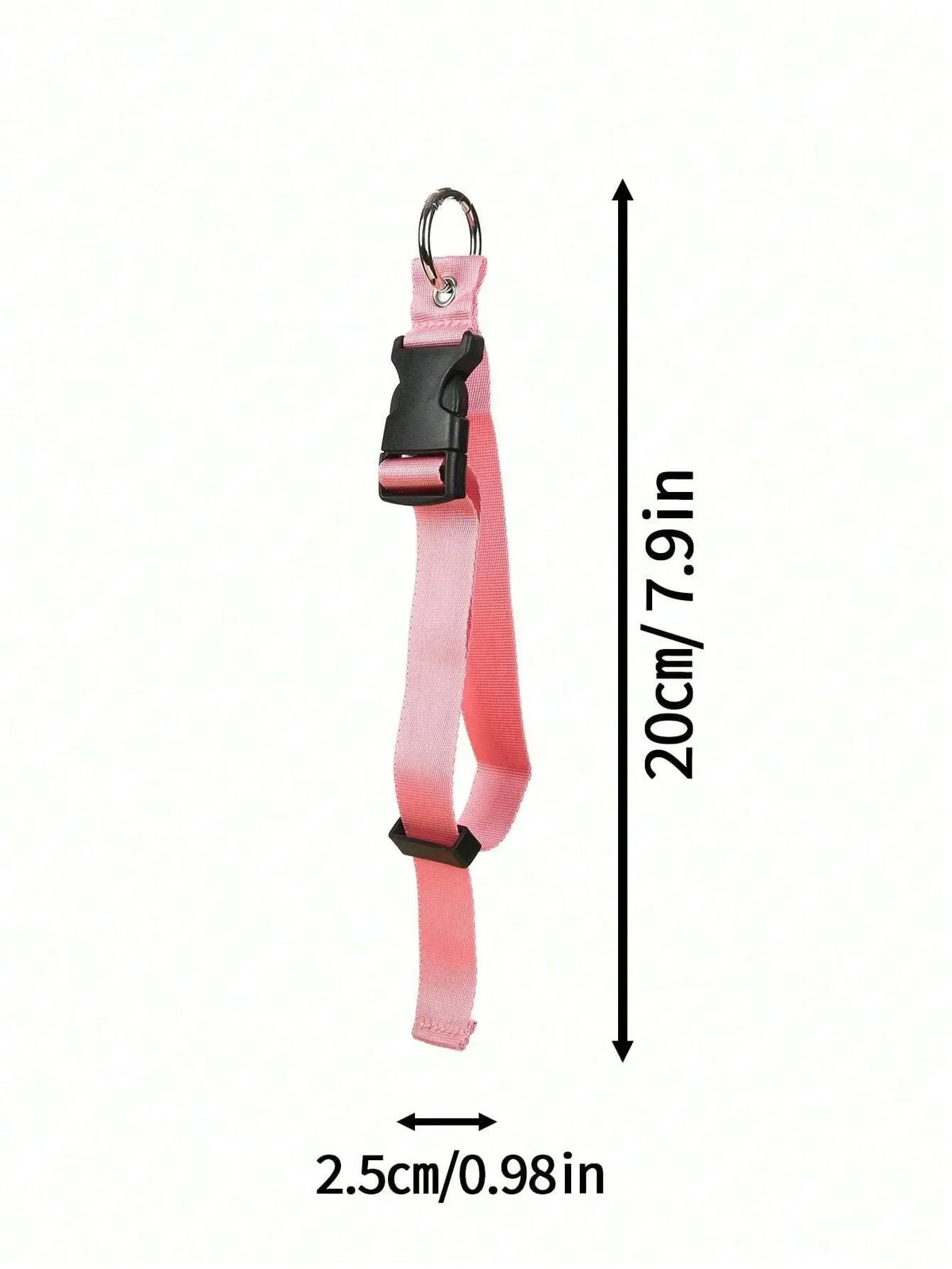 A pink durable polyester luggage strap with a black buckle and ID tag, shown vertically.