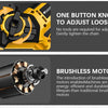 Close-up view of a yellow and black cordless chainsaw with a one-button knob for chain adjustment and a brushless motor.