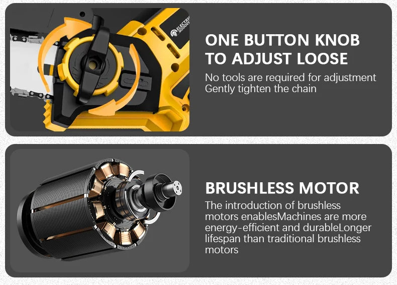 Close-up view of a yellow and black cordless chainsaw with a one-button knob for chain adjustment and a brushless motor.