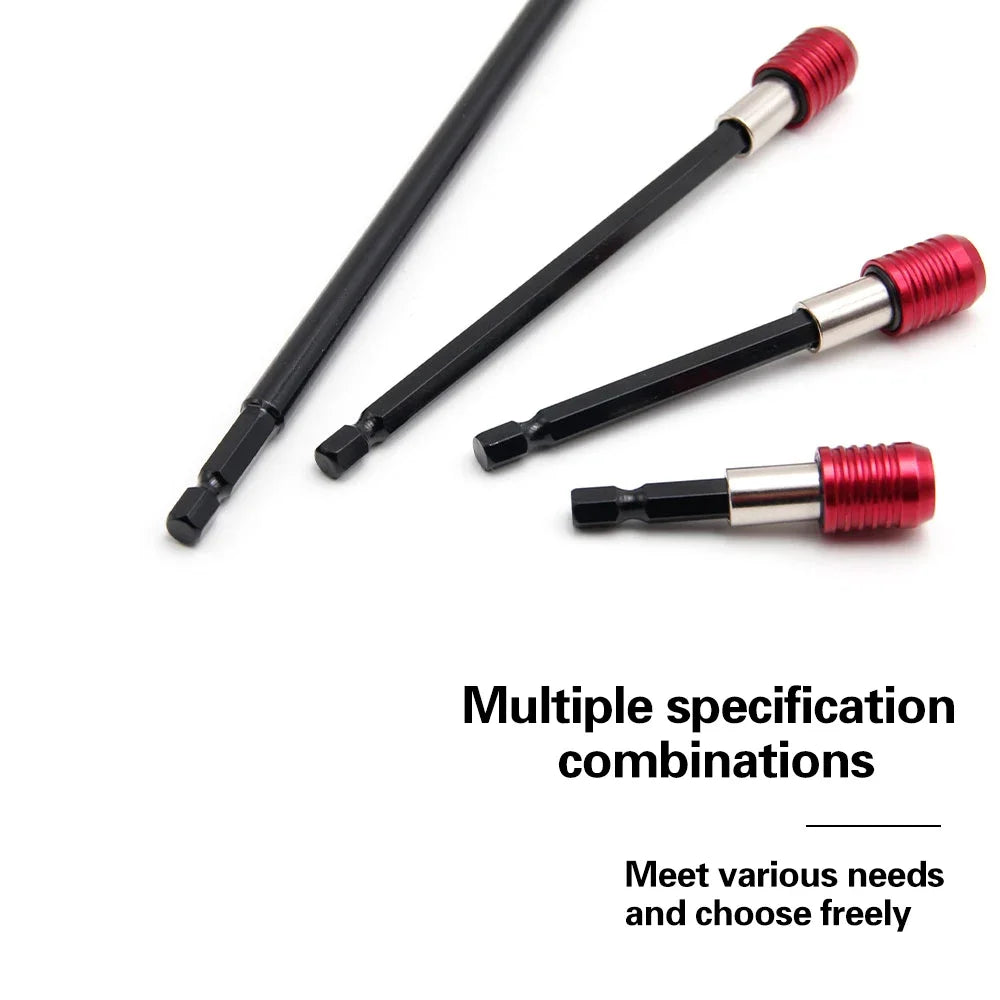 A set of three self-locking socket extension bars in black and red for various tools.
