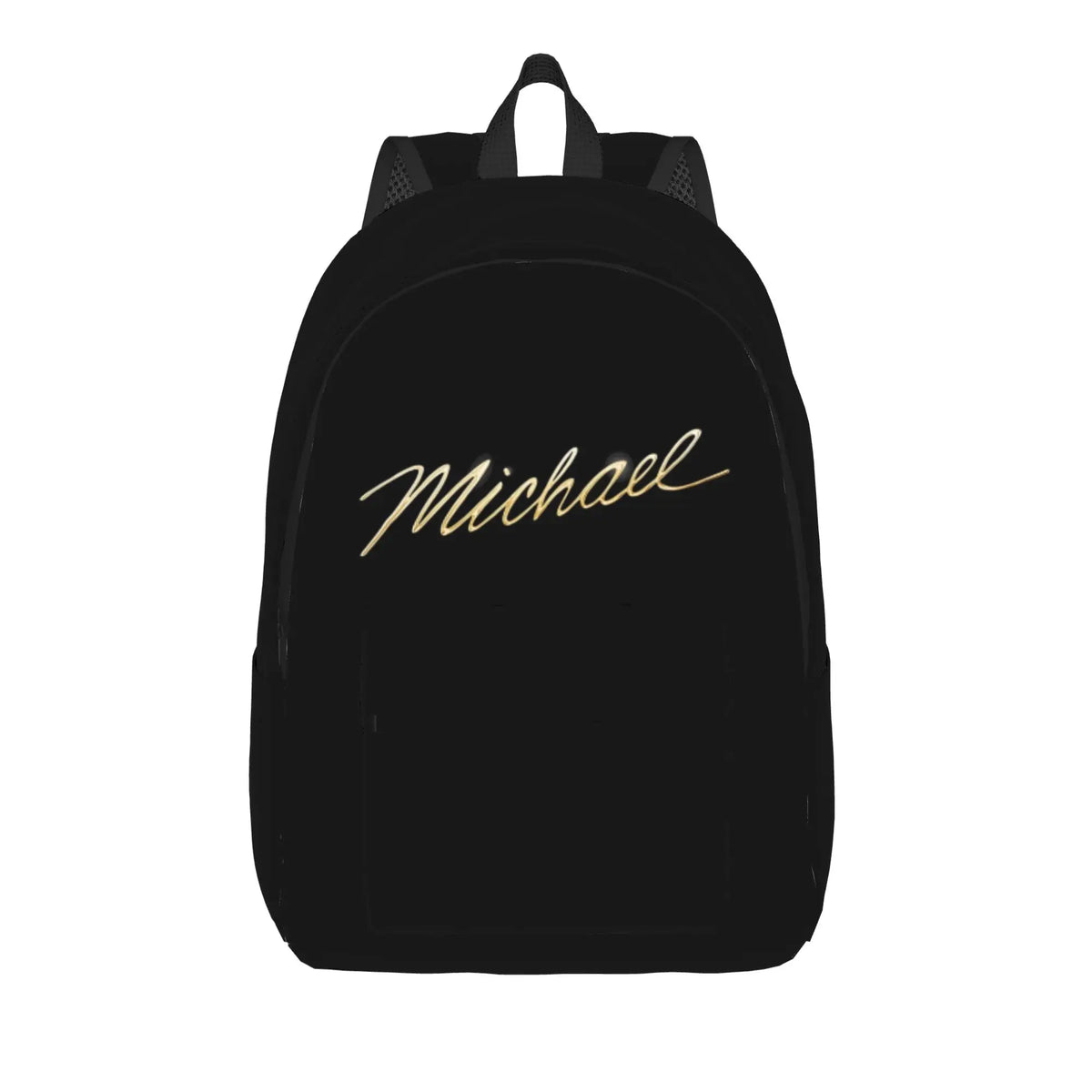 Black backpack with the name Michael written in gold script on the front.