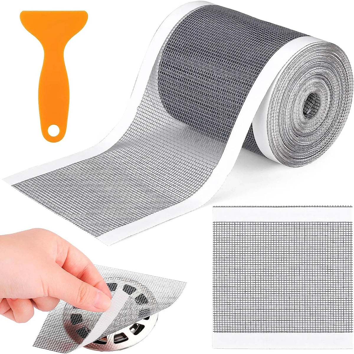 Roll of self-adhesive drain hair catcher strips with an orange applicator tool and a sample strip.