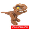 A brown plastic dinosaur toy with a yellow eye and sharp teeth, designed for interactive finger biting.