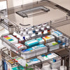 A clear plastic first aid storage box with a handle, showing various medical supplies organized in multiple compartments.