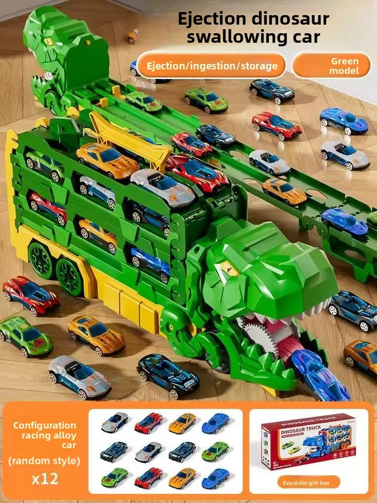 Camión Transportador de Dinosaurios con Pista de Carreras Plegable y 12 Coches de Aleación