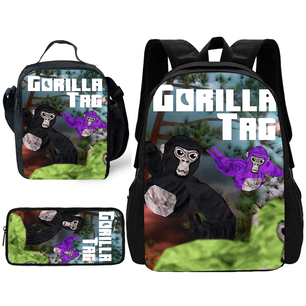 Cartoon Gorilla Kids School Backpack Set with Lunch Bag and Pencil Case