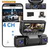 A black 4-channel dash cam system with a smartphone interface and multiple camera modules.