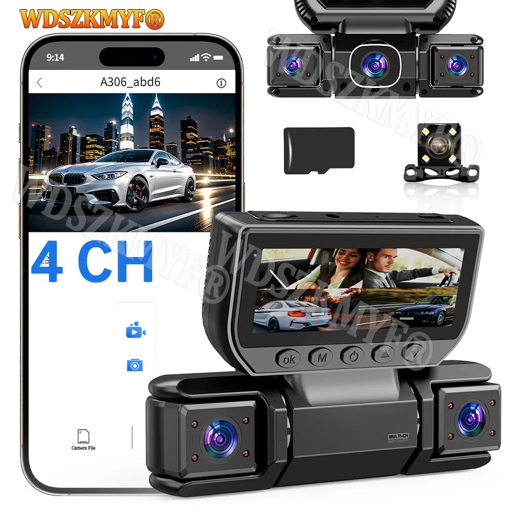 A black 4-channel dash cam system with a smartphone interface and multiple camera modules.