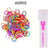 A large pile of 600 colorful rubber bands and a pair of pink pliers for bracelet making.