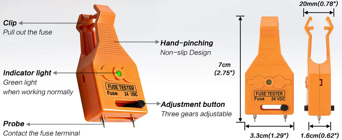 An orange universal automotive fuse tester tool with a hand-pinching design and adjustment button.
