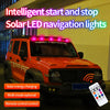 An orange Jeep with intelligent start and stop solar LED navigation lights installed on the roof.