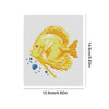 A cross stitch design featuring a yellow fish with blue accents on a white background.