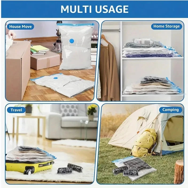 Vacuum compression bags used for storing clothes, bedding, and camping gear.