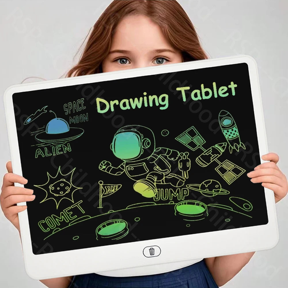 A young girl holds a digital drawing tablet displaying colorful alien and space doodles on a black screen.