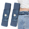 A pair of navy blue denim fabric wrist straps are shown next to a light blue denim skirt.